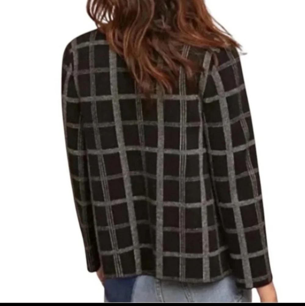Moth by Anthropologie Knit Sweater Blazer Windowpane Checkered Black Gray Sz L